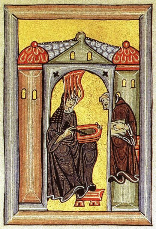 Hildegard ontvangt een ingeving en geeft die door aan haar schrijver; miniatuur uit de Rupertsberg-codex van de Scivias.