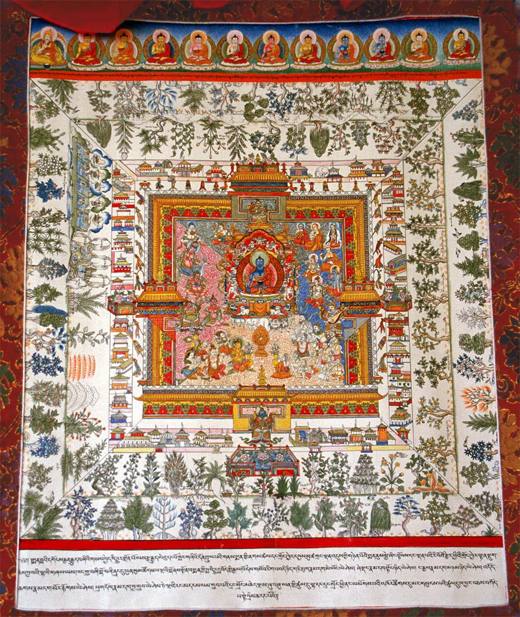 De eerste van de medische schilderingen van Sangye Gyatso (1653–1705): het paleis van de Medicijnboeddha, omringd door geneeskrachtige planten.